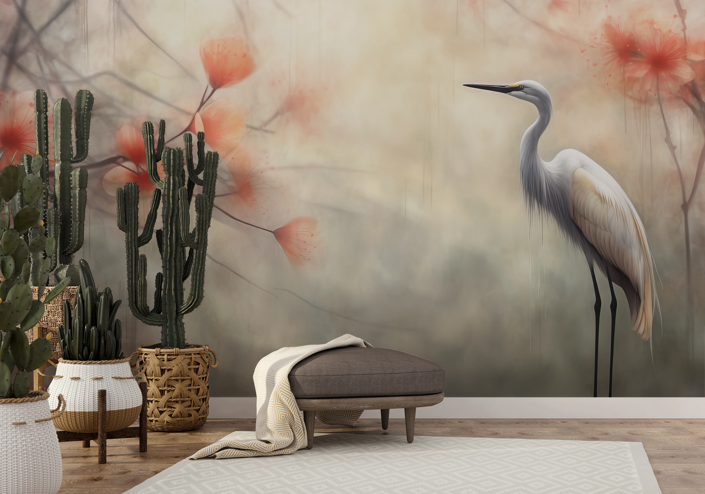Fototapeta malowana o nazwie Serene Heron pokazana w aranżacji wnętrza.
