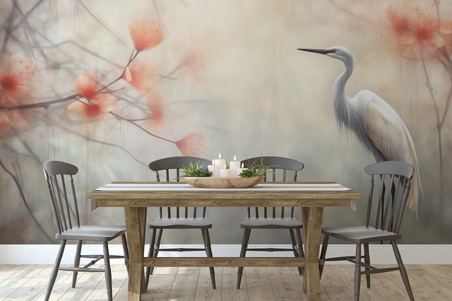 Wzór fototapety malowanej o nazwie Serene Heron pokazanej w aranżacji wnętrza.