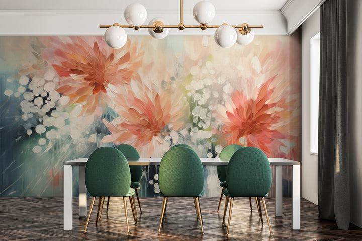Wzór fototapety malowanej o nazwie Whispering Petal Elegance pokazanej w aranżacji wnętrza.
