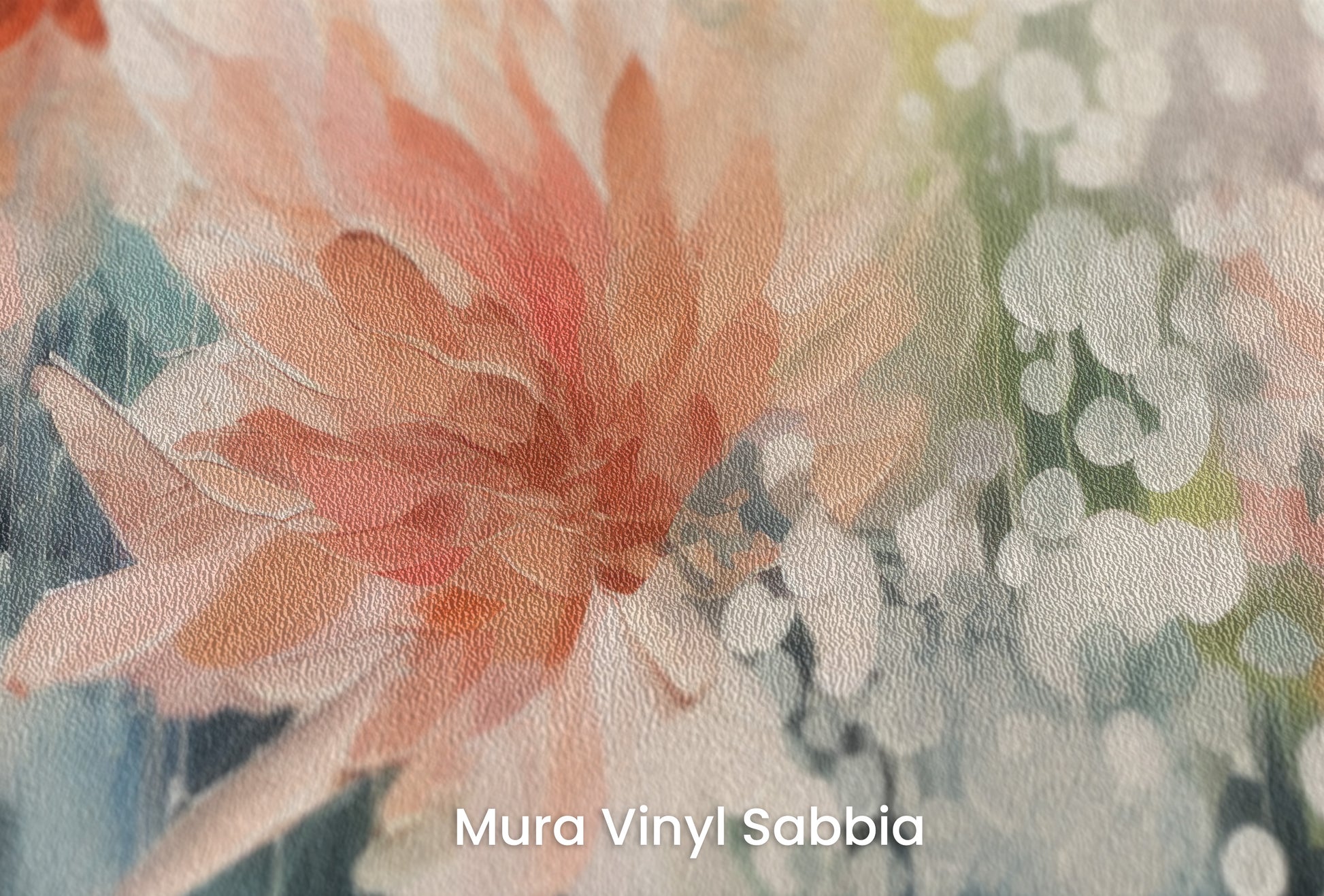 Zbliżenie na artystyczną fototapetę o nazwie Whispering Petal Elegance na podłożu Mura Vinyl Sabbia struktura grubego ziarna piasku.