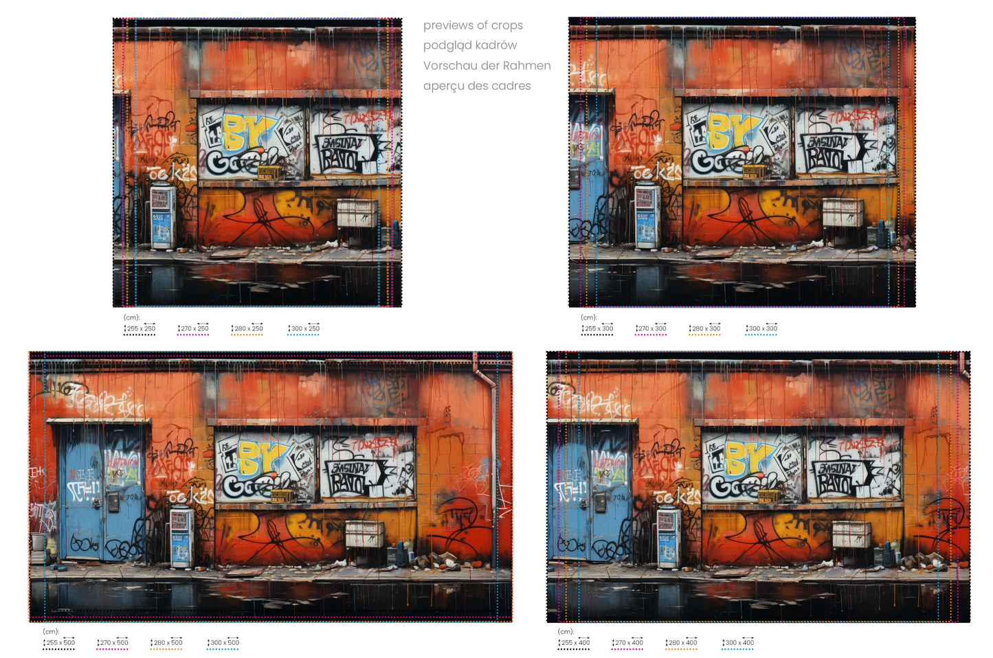 Na obrazie znajduje się prezentacja przykładowych rozmiarów fototapety o nazwie Graffiti Panorama. Rozmiar fototapety jest dowolny.