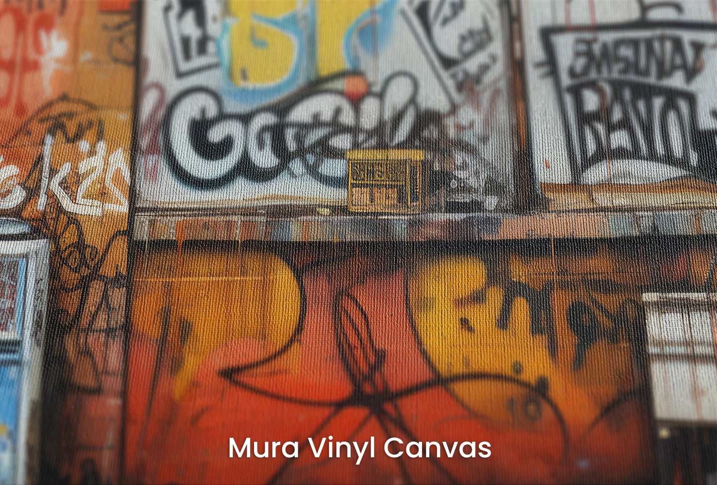 Zbliżenie na artystyczną fototapetę o nazwie Graffiti Panorama na podłożu Mura Vinyl Canvas - faktura naturalnego płótna.