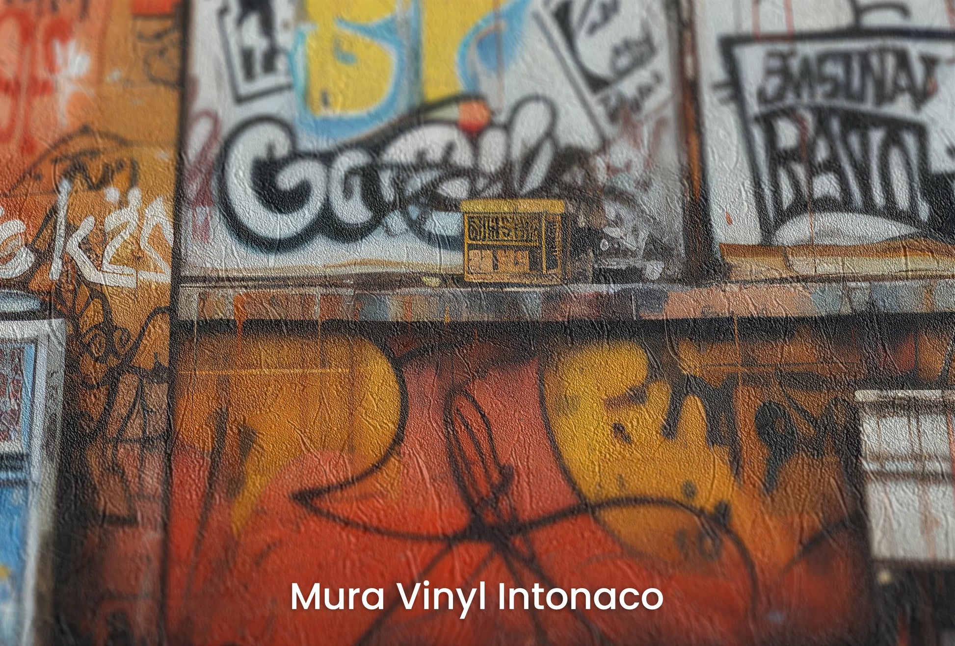 Zbliżenie na artystyczną fototapetę o nazwie Graffiti Panorama na podłożu Mura Vinyl Intonaco - struktura tartego tynku.