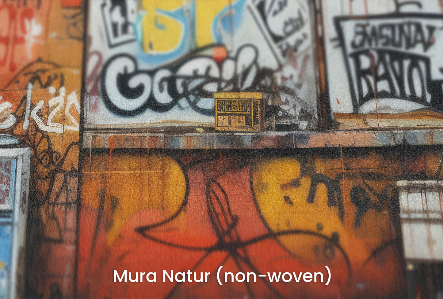 Zbliżenie na artystyczną fototapetę o nazwie Graffiti Panorama na podłożu Mura Natur (non-woven) - naturalne i ekologiczne podłoże.