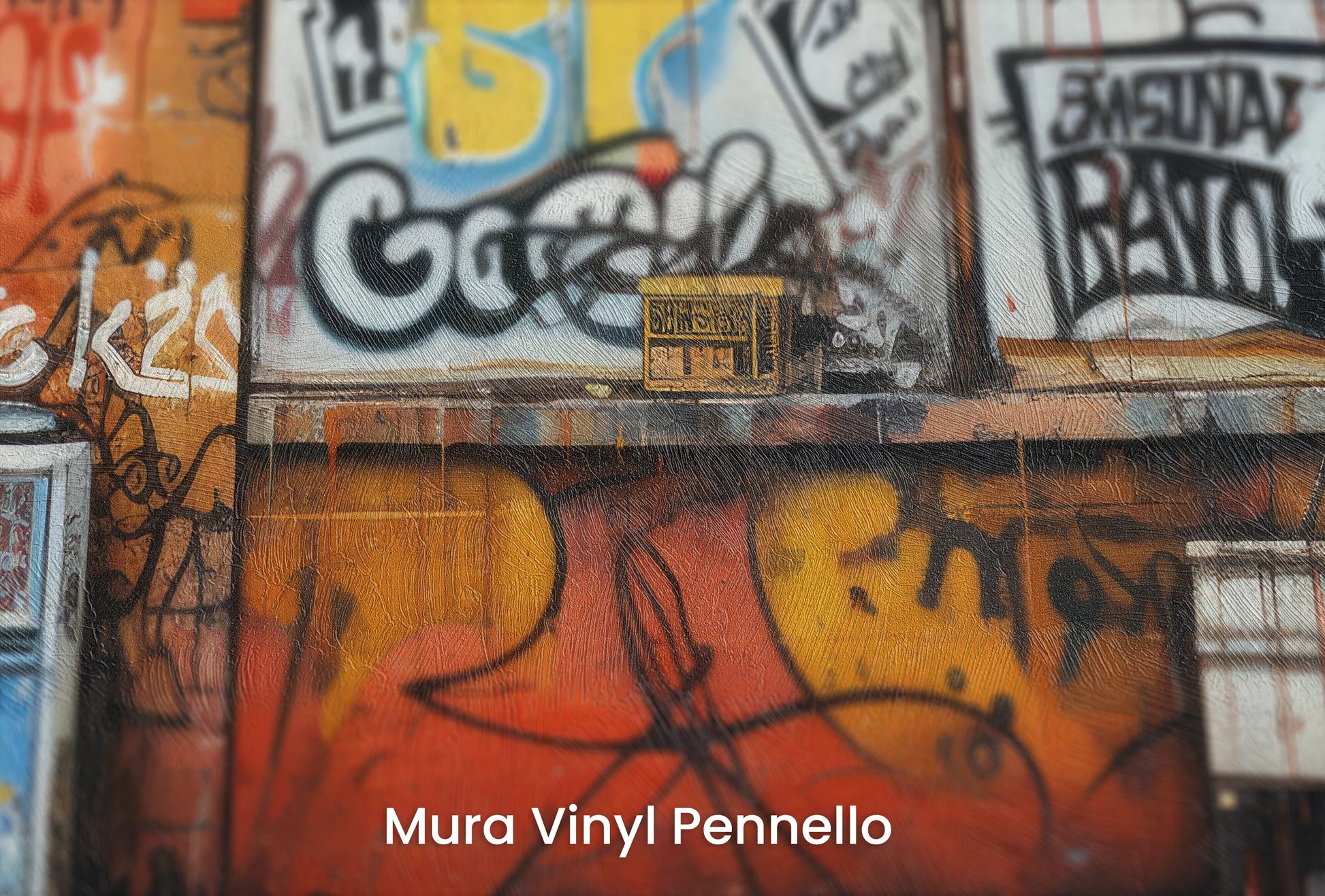 Zbliżenie na artystyczną fototapetę o nazwie Graffiti Panorama na podłożu Mura Vinyl Pennello - faktura pociągnięć pędzla malarskiego.