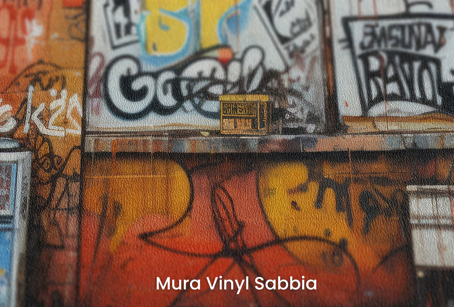 Zbliżenie na artystyczną fototapetę o nazwie Graffiti Panorama na podłożu Mura Vinyl Sabbia struktura grubego ziarna piasku.