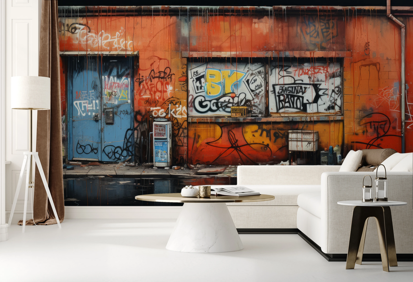 Zdjęcie prezentuje aranżację wnętrza z użyciem fototapety o nazwie Graffiti Panorama pokazanej w aranżacji wnętrza.