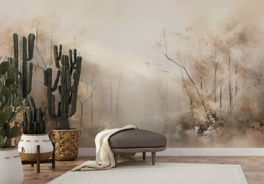 Wzór fototapety artystycznej o nazwie AUTUMNAL MORNING HAZE MURAL pokazanej w aranżacji wnętrza.
