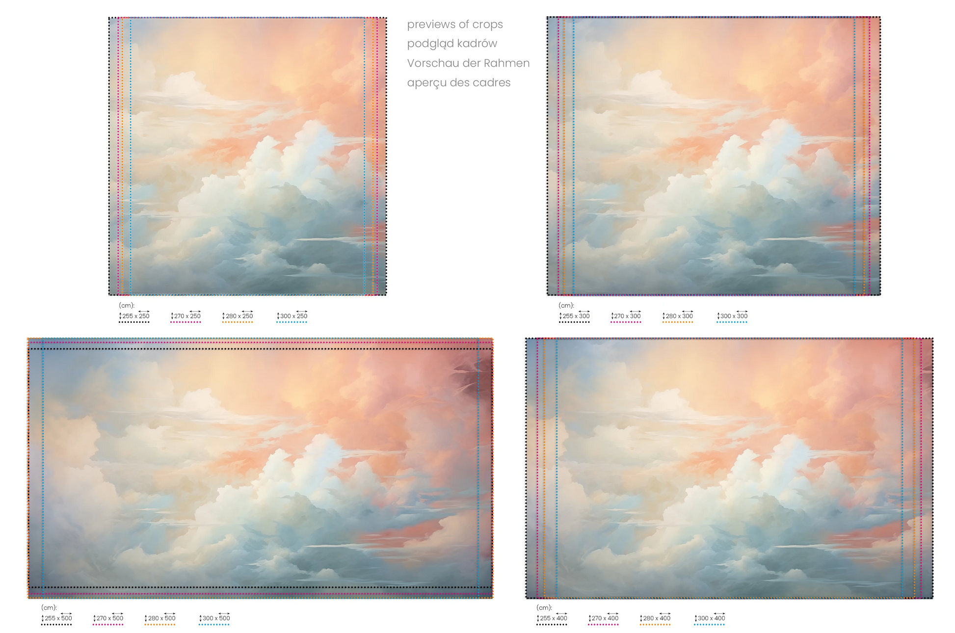 Na obrazie znajduje się prezentacja przykładowych rozmiarów fototapety o nazwie Sunrise Canvas. Rozmiar fototapety jest dowolny.