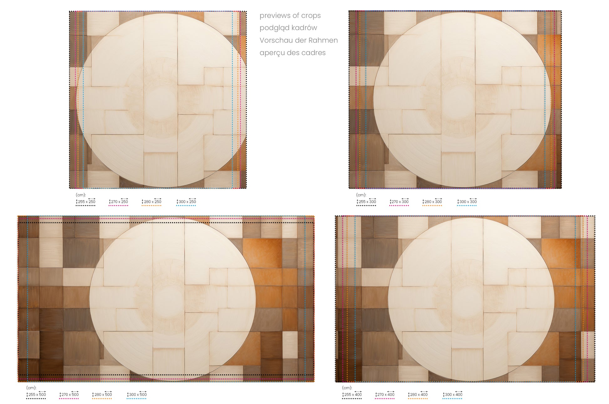 Na obrazie znajduje się prezentacja przykładowych rozmiarów fototapety o nazwie WOODEN PATCHWORK SOLARIS. Rozmiar fototapety jest dowolny.