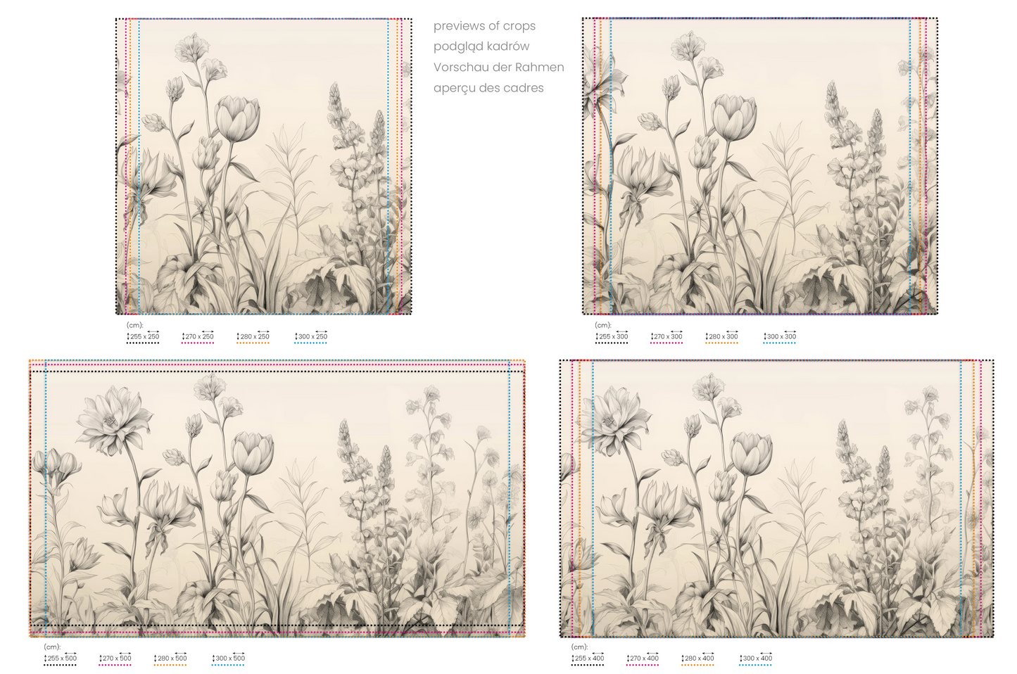 Na obrazie znajduje się prezentacja przykładowych rozmiarów fototapety o nazwie Floral Array. Rozmiar fototapety jest dowolny.
