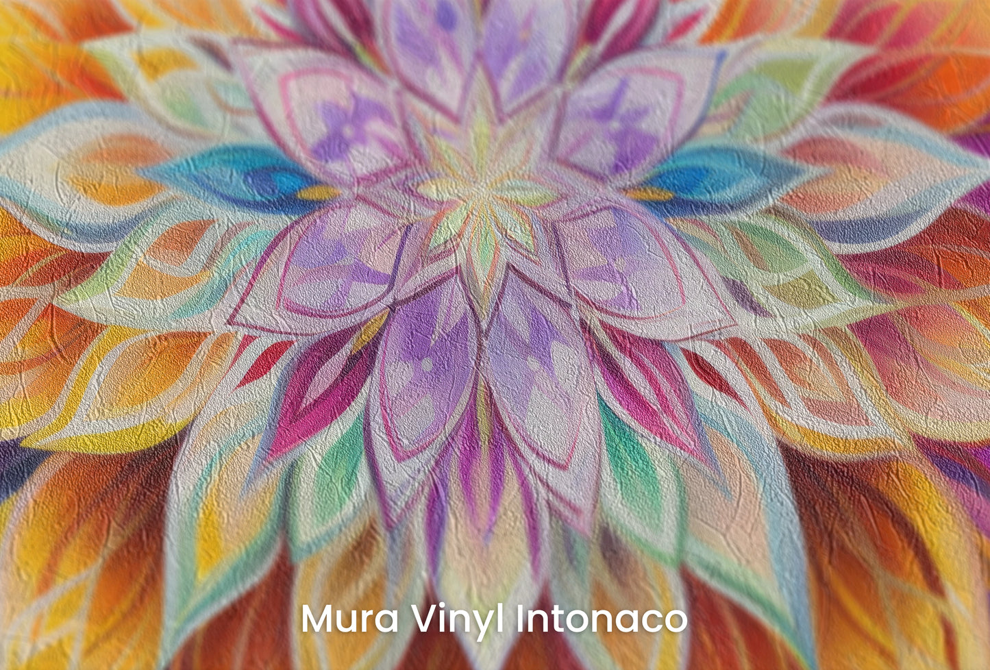 Zbliżenie na artystyczną fototapetę o nazwie Luminous Petals na podłożu Mura Vinyl Intonaco - struktura tartego tynku.