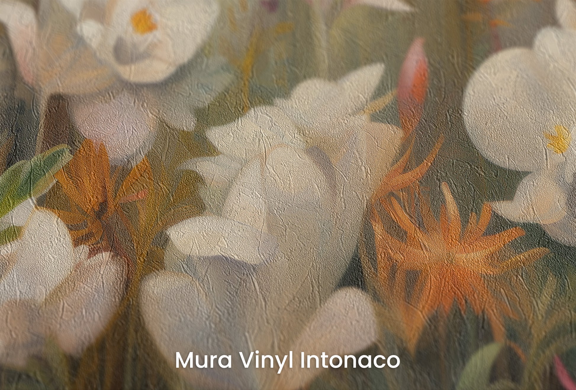 Zbliżenie na artystyczną fototapetę o nazwie Rainforest Orchid Delight na podłożu Mura Vinyl Intonaco - struktura tartego tynku.