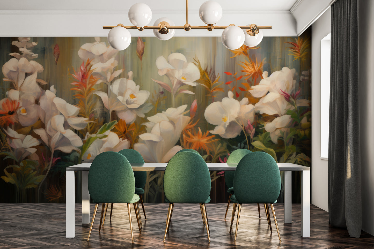 Wzór fototapety artystycznej o nazwie Rainforest Orchid Delight pokazanej w aranżacji wnętrza.