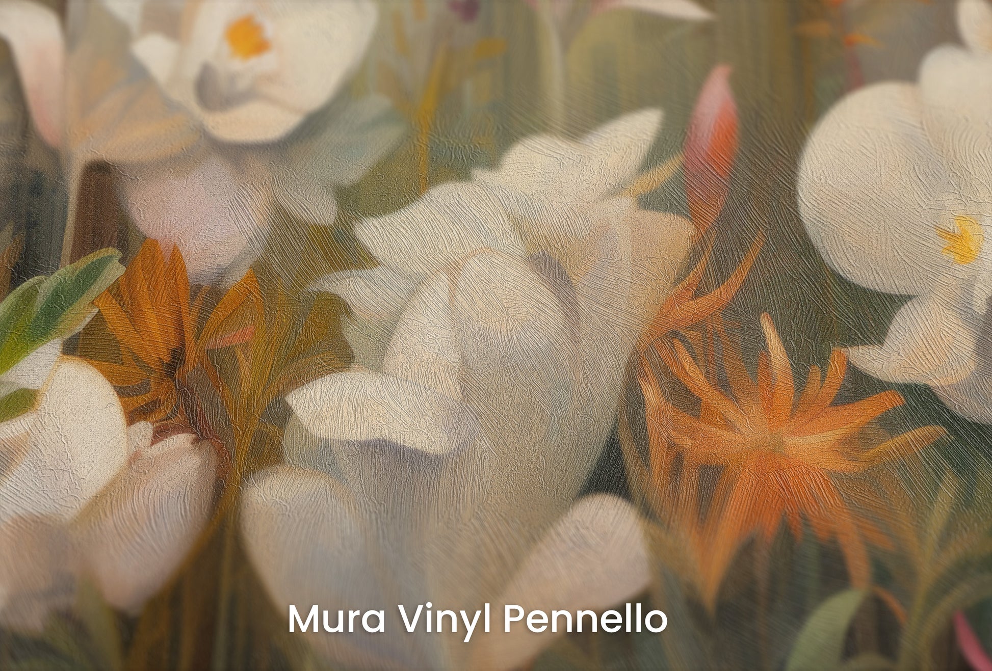 Zbliżenie na artystyczną fototapetę o nazwie Rainforest Orchid Delight na podłożu Mura Vinyl Pennello - faktura pociągnięć pędzla malarskiego.