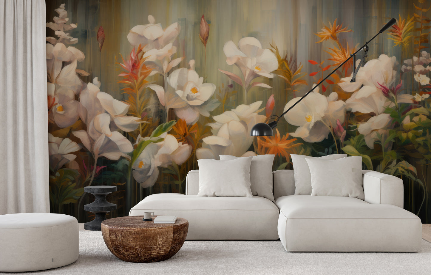 Fototapeta artystyczna o nazwie Rainforest Orchid Delight pokazana w aranżacji wnętrza.