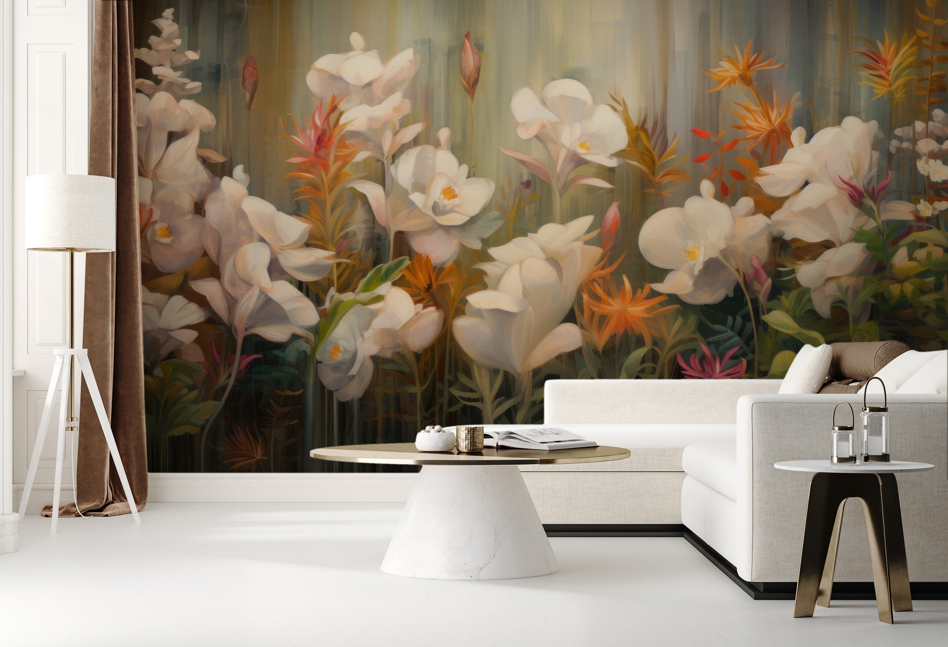 Wzór fototapety malowanej o nazwie Rainforest Orchid Delight pokazanej w aranżacji wnętrza.