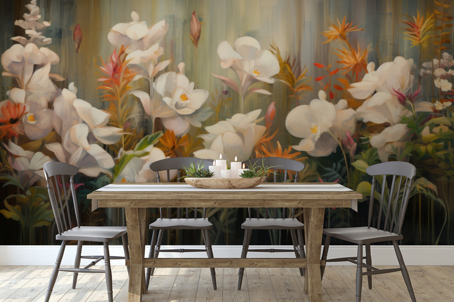 Fototapeta malowana o nazwie Rainforest Orchid Delight pokazana w aranżacji wnętrza.