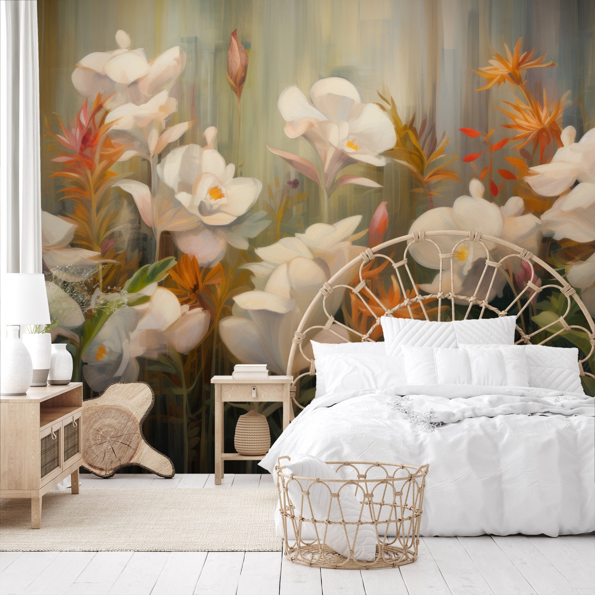 Wzór fototapety o nazwie Rainforest Orchid Delight pokazanej w kontekście pomieszczenia.