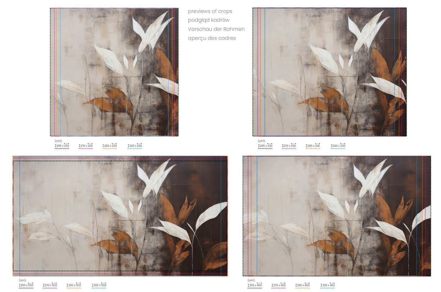 Na obrazie znajduje się prezentacja przykładowych rozmiarów fototapety o nazwie Subdued Floral Shadows. Rozmiar fototapety jest dowolny.