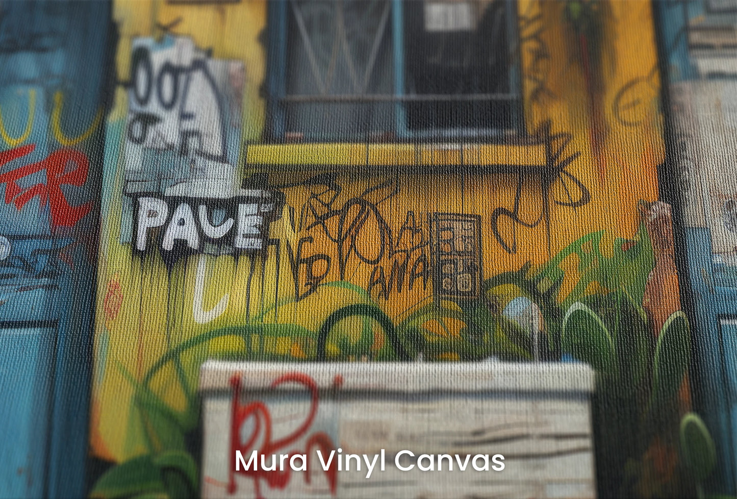 Zbliżenie na artystyczną fototapetę o nazwie Vivid Alleys na podłożu Mura Vinyl Canvas - faktura naturalnego płótna.