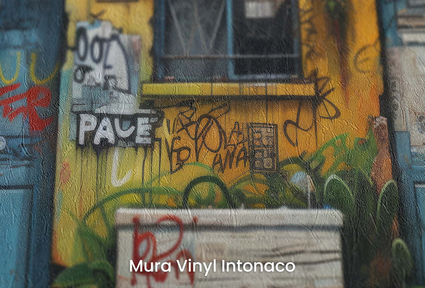 Zbliżenie na artystyczną fototapetę o nazwie Vivid Alleys na podłożu Mura Vinyl Intonaco - struktura tartego tynku.
