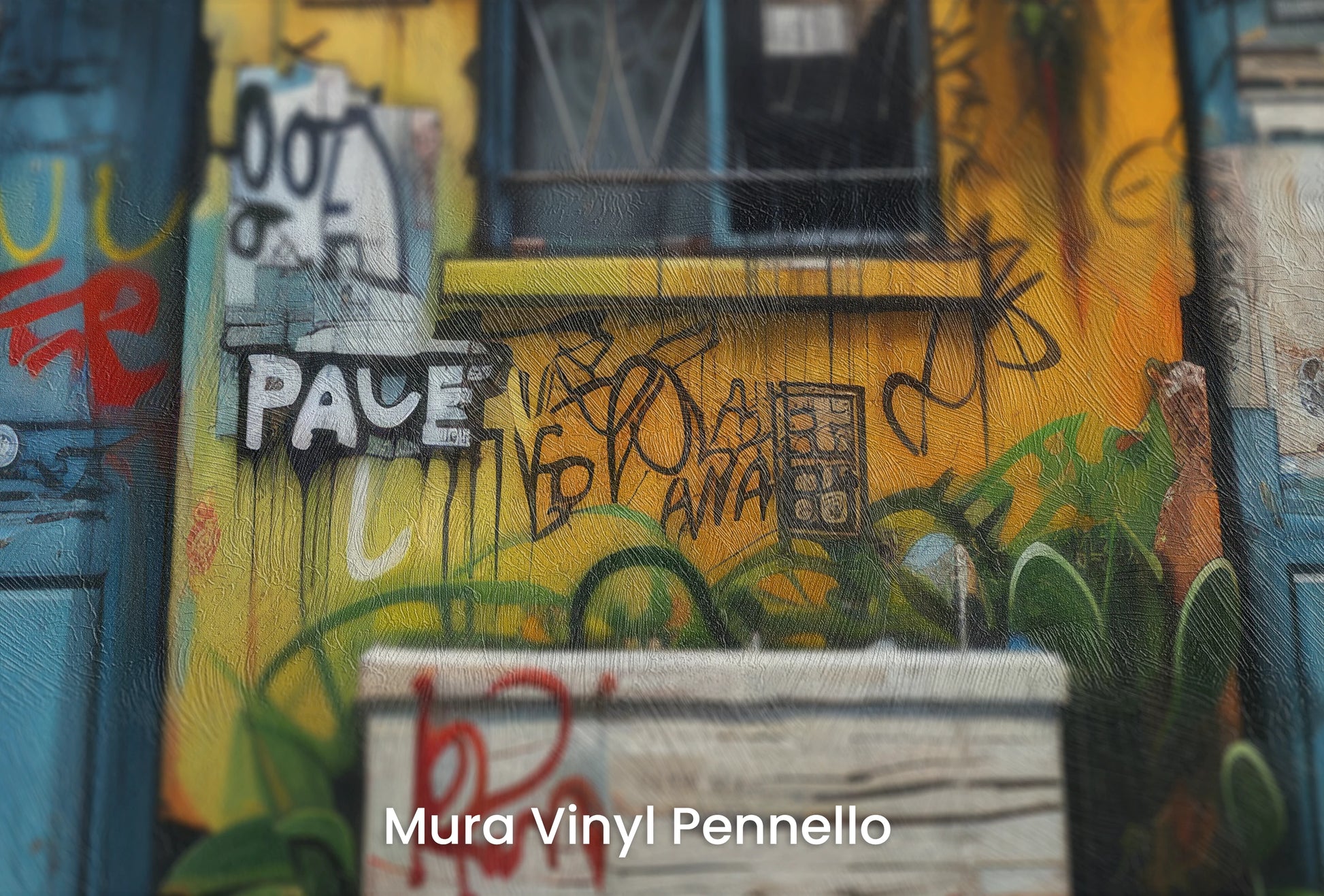 Zbliżenie na artystyczną fototapetę o nazwie Vivid Alleys na podłożu Mura Vinyl Pennello - faktura pociągnięć pędzla malarskiego.
