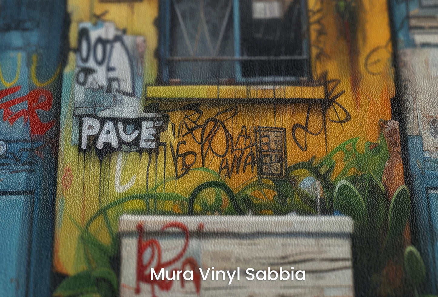 Zbliżenie na artystyczną fototapetę o nazwie Vivid Alleys na podłożu Mura Vinyl Sabbia struktura grubego ziarna piasku.