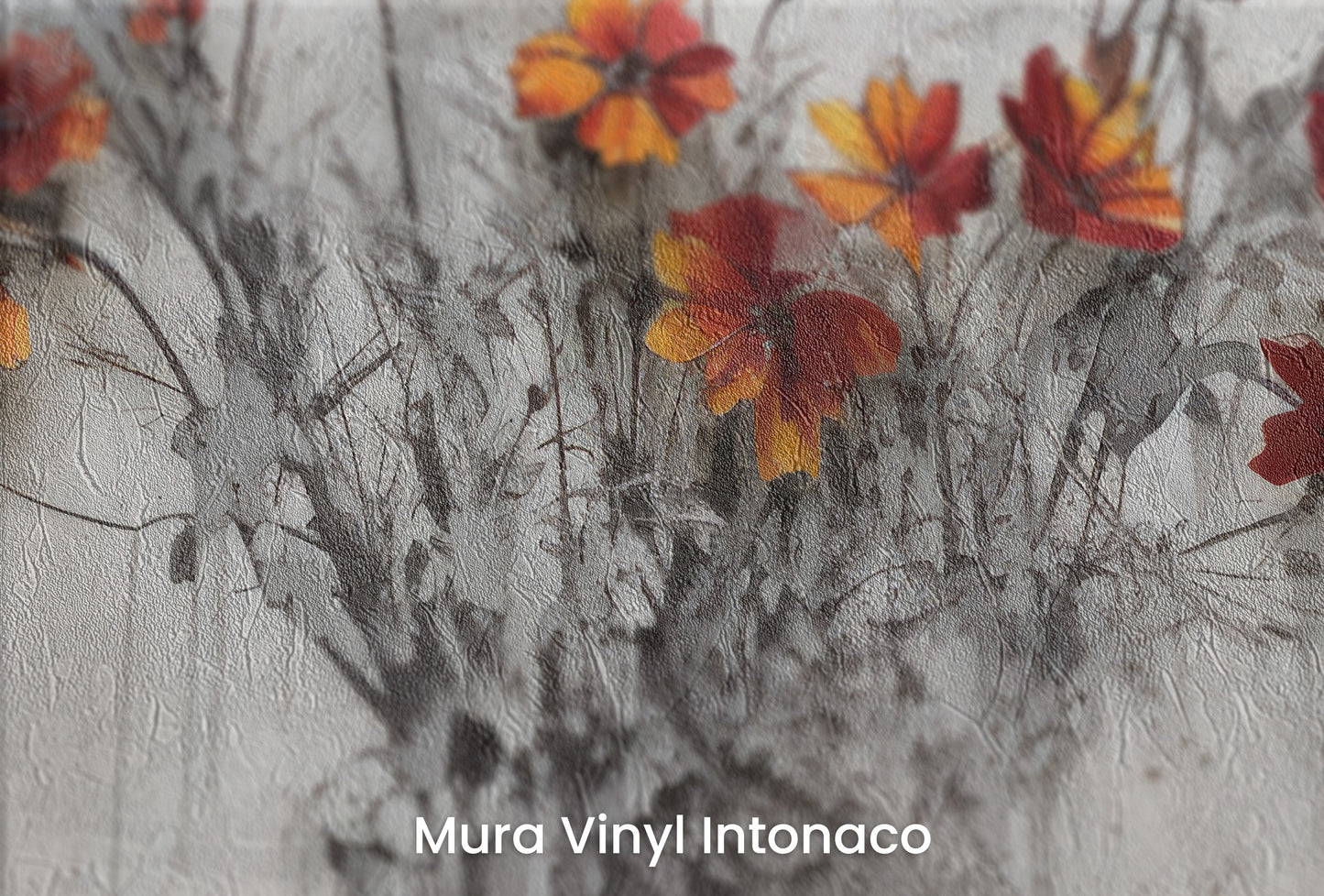 Zbliżenie na artystyczną fototapetę o nazwie VIVID AUTUMN SPLASH na podłożu Mura Vinyl Intonaco - struktura tartego tynku.