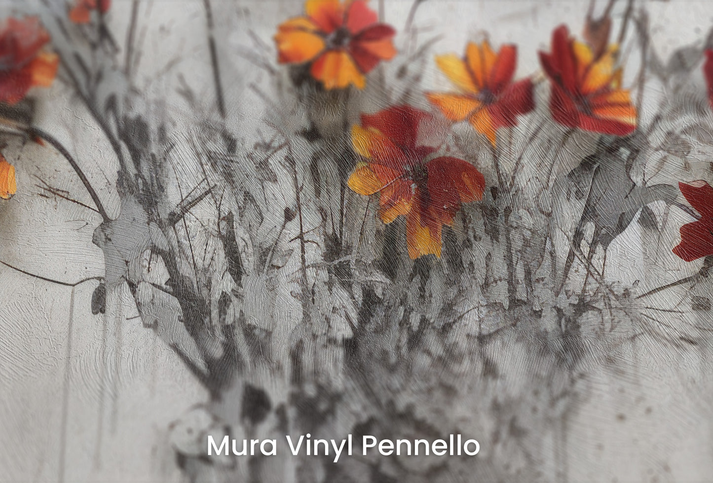 Zbliżenie na artystyczną fototapetę o nazwie VIVID AUTUMN SPLASH na podłożu Mura Vinyl Pennello - faktura pociągnięć pędzla malarskiego.