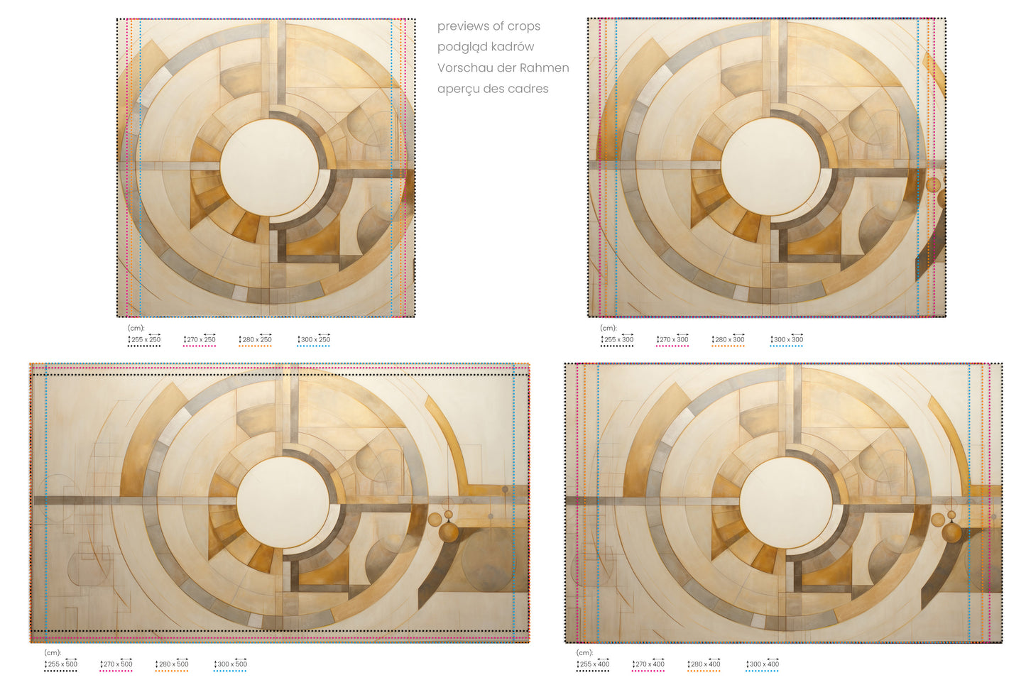 Na obrazie znajduje się prezentacja przykładowych rozmiarów fototapety o nazwie ASTRAL CIRCULARITY. Rozmiar fototapety jest dowolny.