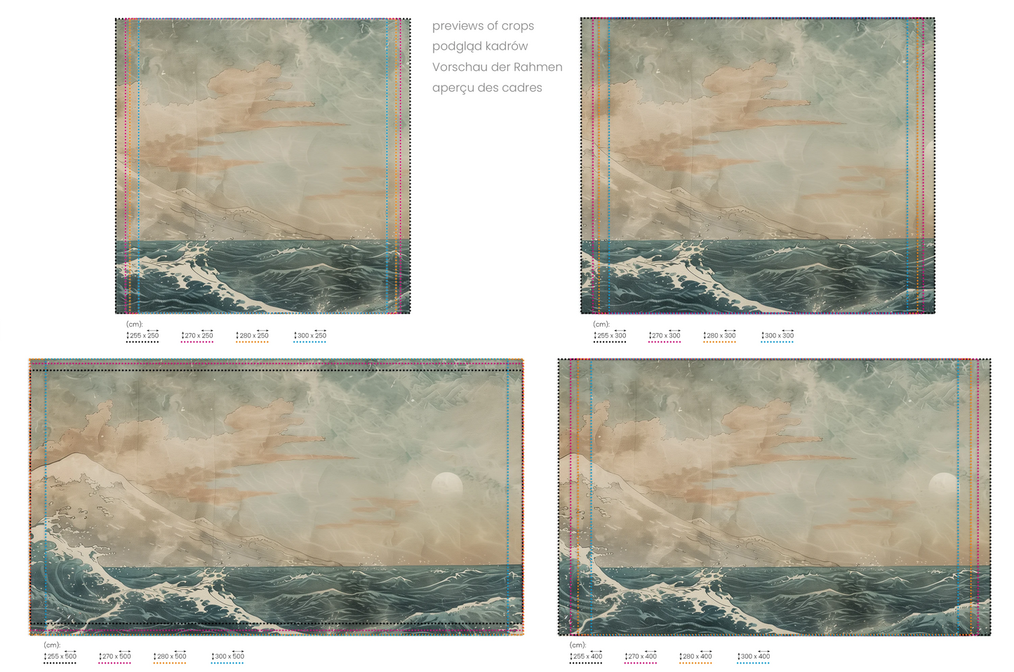 Na obrazie znajduje się prezentacja przykładowych rozmiarów fototapety o nazwie Moonlit Ocean Serenade. Rozmiar fototapety jest dowolny.