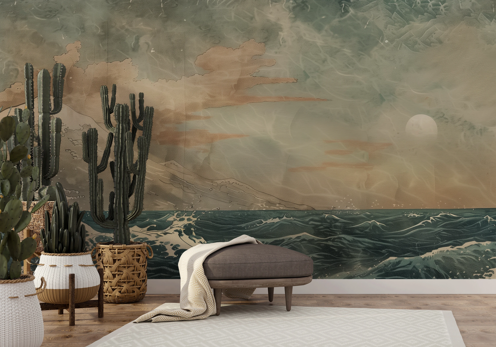 Fototapeta artystyczna o nazwie Moonlit Ocean Serenade pokazana w aranżacji wnętrza.