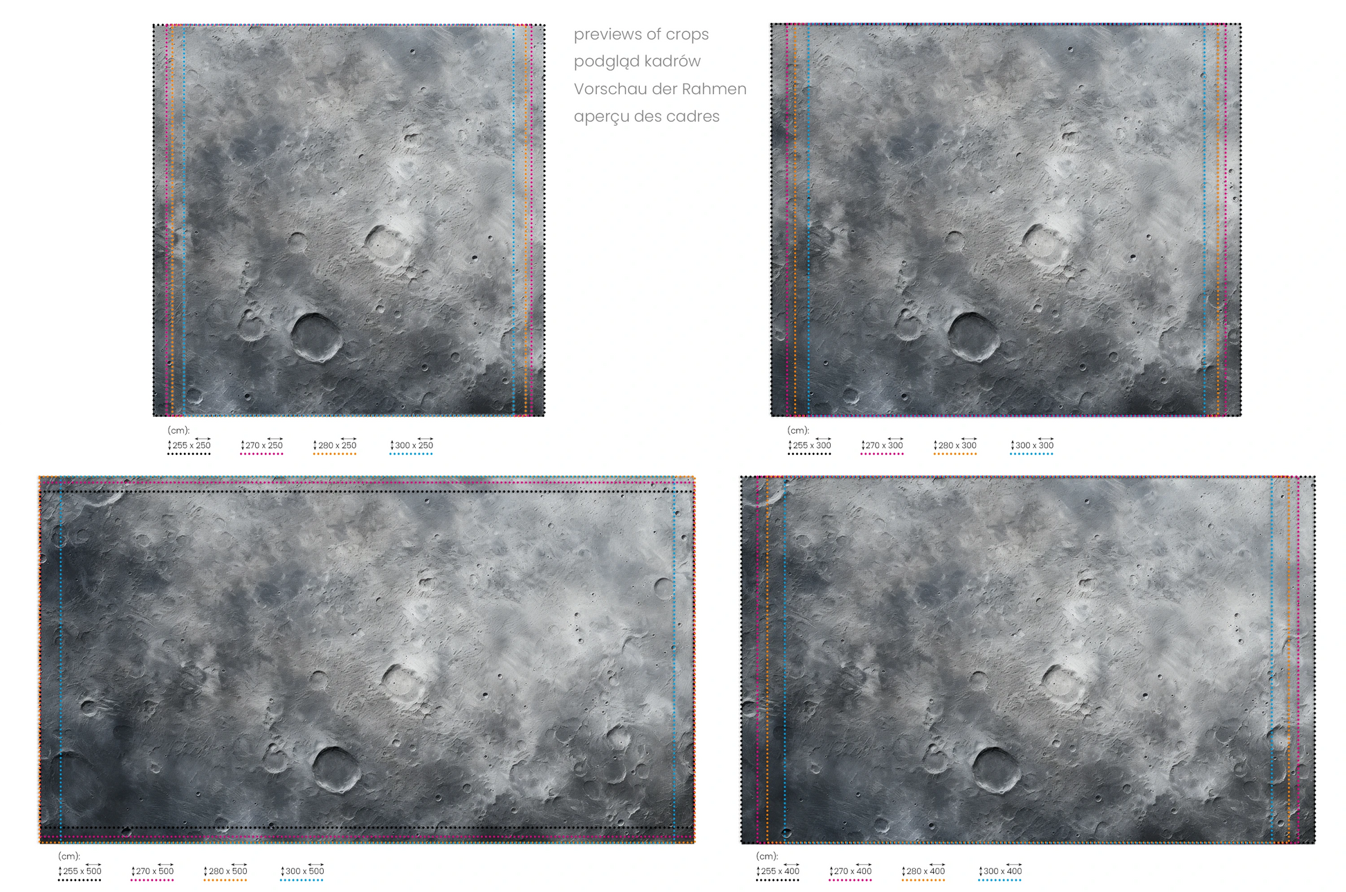 Na obrazie znajduje się prezentacja przykładowych rozmiarów fototapety o nazwie Lunar Landscape #2. Rozmiar fototapety jest dowolny.