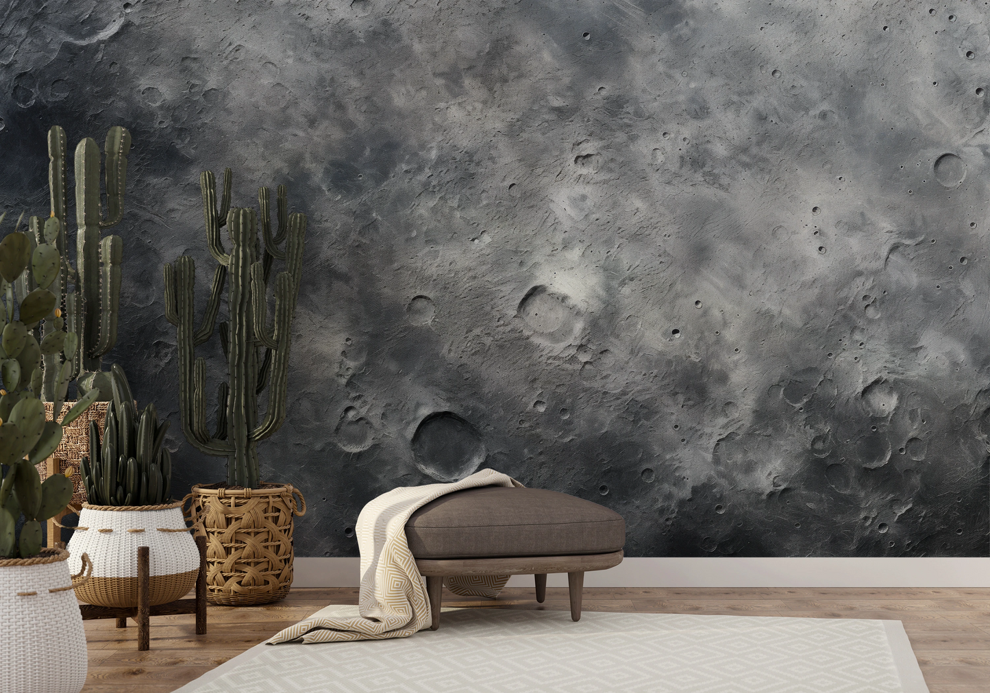 Zdjęcie prezentuje aranżację wnętrza z użyciem fototapety o nazwie Lunar Landscape #2 pokazanej w aranżacji wnętrza.