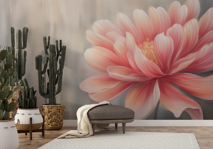 Wzór fototapety artystycznej o nazwie Soft Petal Glow pokazanej w aranżacji wnętrza.