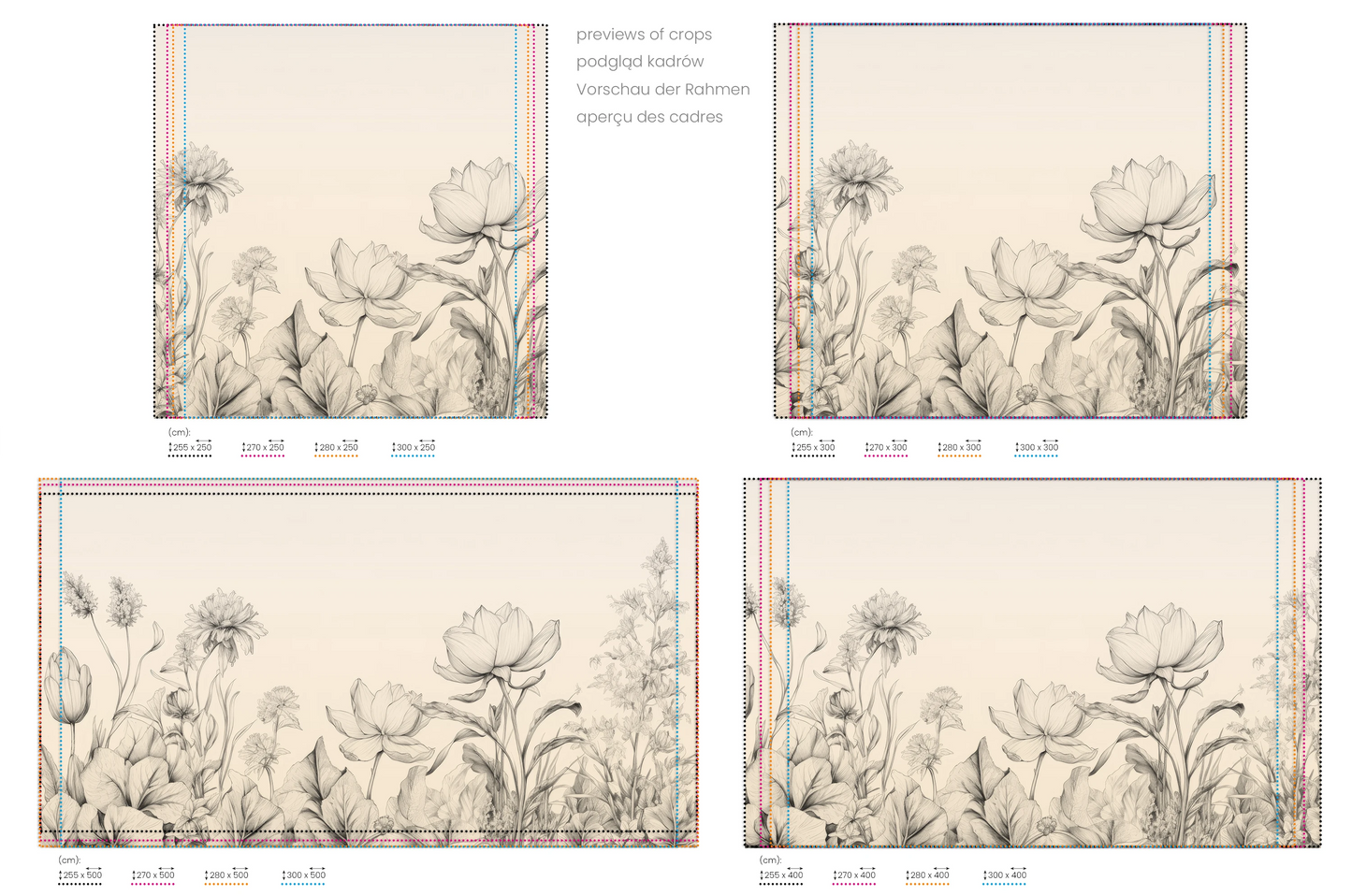 Na obrazie znajduje się prezentacja przykładowych rozmiarów fototapety o nazwie Sublime Flora. Rozmiar fototapety jest dowolny.