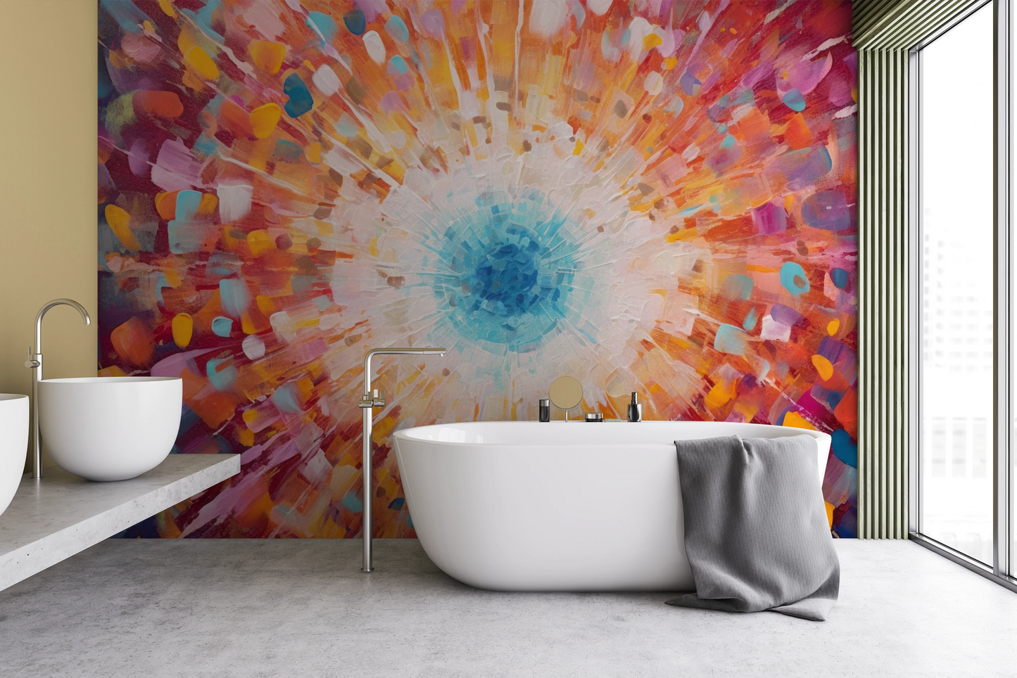 Wzór fototapety malowanej o nazwie Vibrant Mosaic pokazanej w aranżacji wnętrza.