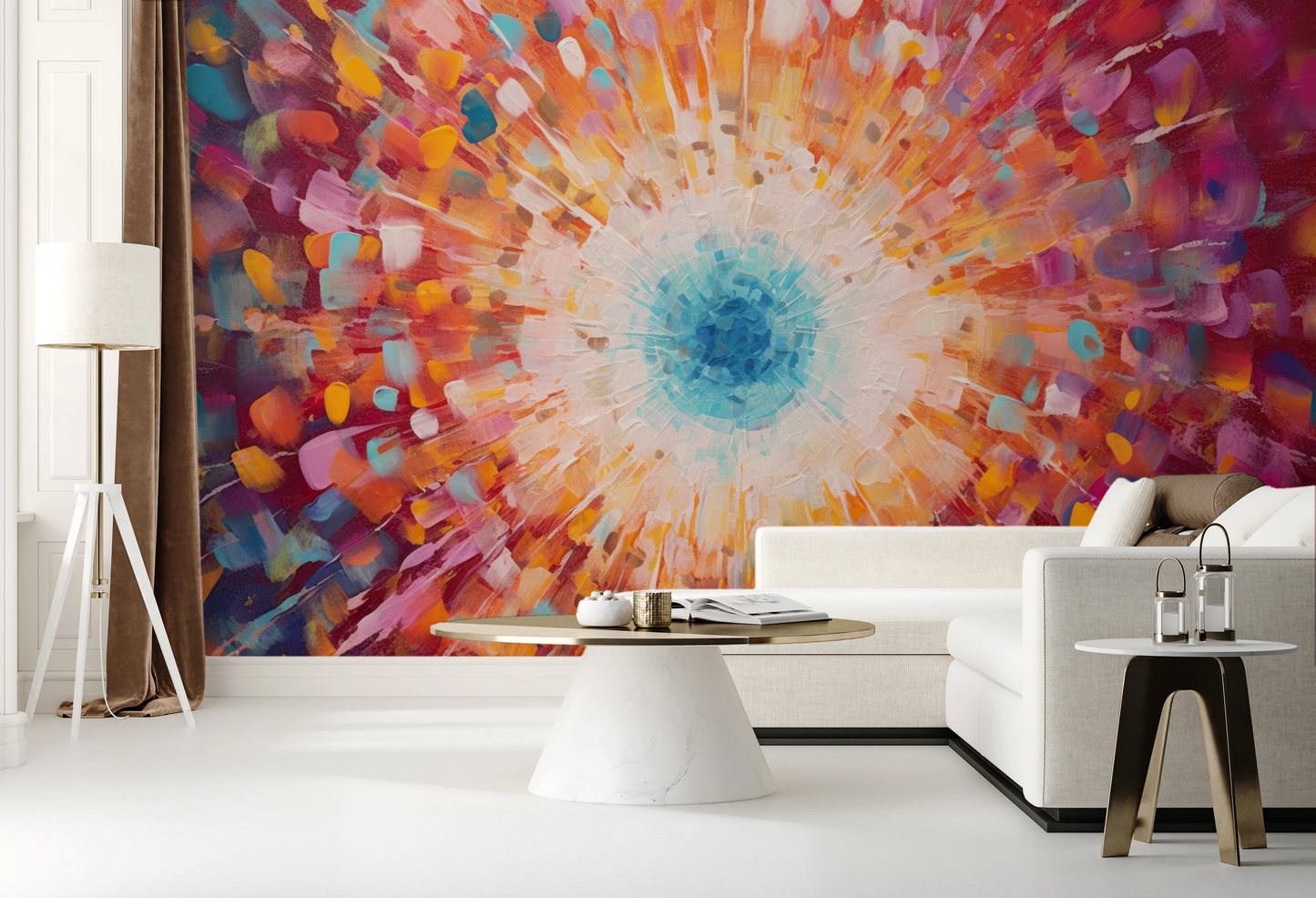 Wzór fototapety artystycznej o nazwie Vibrant Mosaic pokazanej w aranżacji wnętrza.