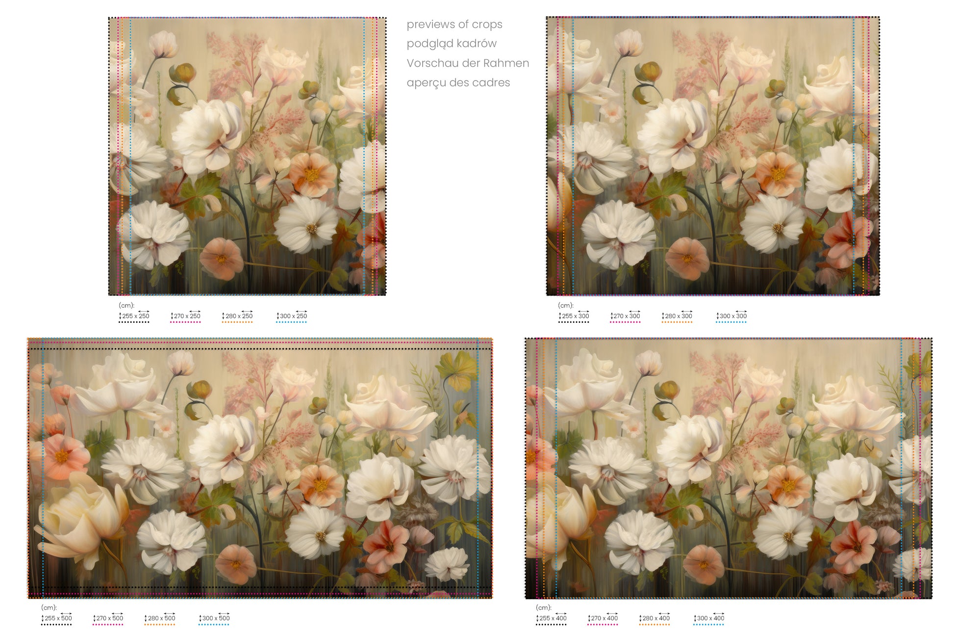 Na obrazie znajduje się prezentacja przykładowych rozmiarów fototapety o nazwie Serene Pastel Bouquet. Rozmiar fototapety jest dowolny.