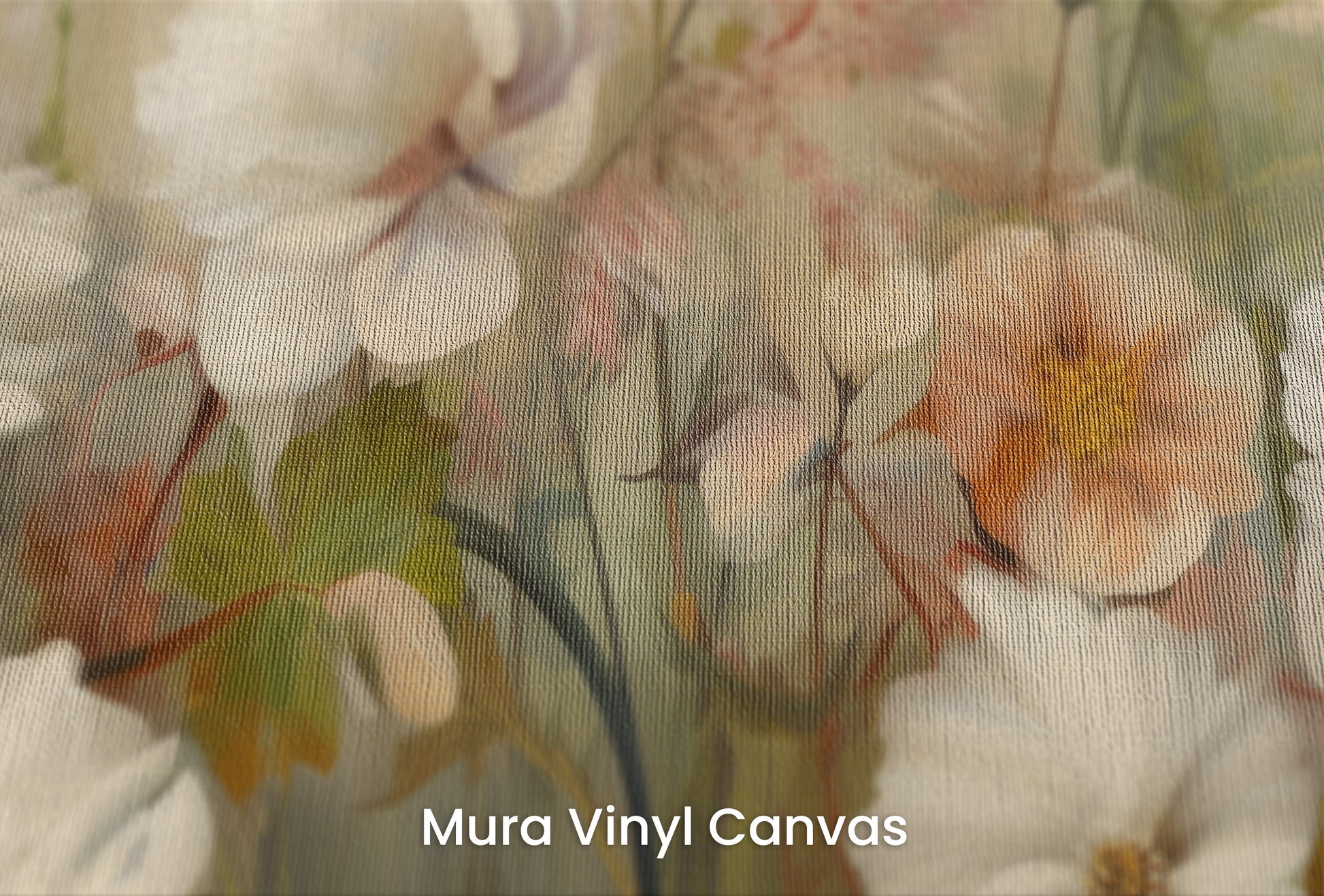 Zbliżenie na artystyczną fototapetę o nazwie Serene Pastel Bouquet na podłożu Mura Vinyl Canvas - faktura naturalnego płótna.