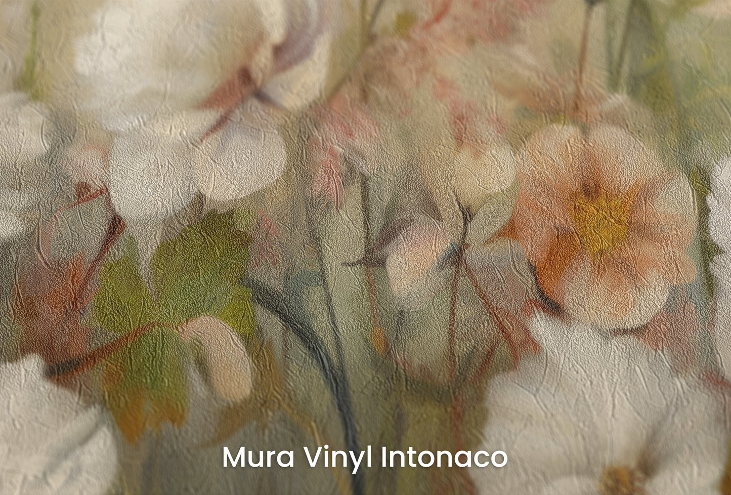 Zbliżenie na artystyczną fototapetę o nazwie Serene Pastel Bouquet na podłożu Mura Vinyl Intonaco - struktura tartego tynku.
