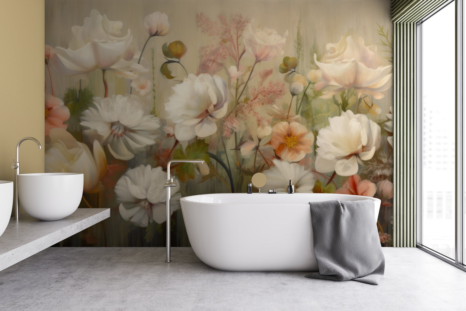 Fototapeta artystyczna o nazwie Serene Pastel Bouquet pokazana w aranżacji wnętrza.