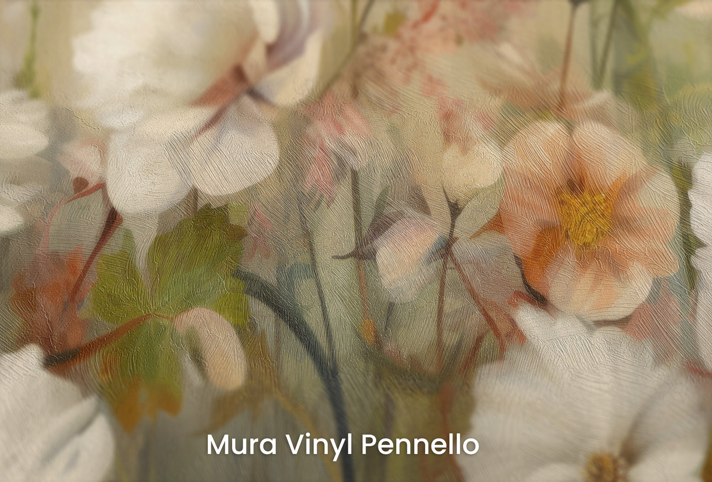 Zbliżenie na artystyczną fototapetę o nazwie Serene Pastel Bouquet na podłożu Mura Vinyl Pennello - faktura pociągnięć pędzla malarskiego.