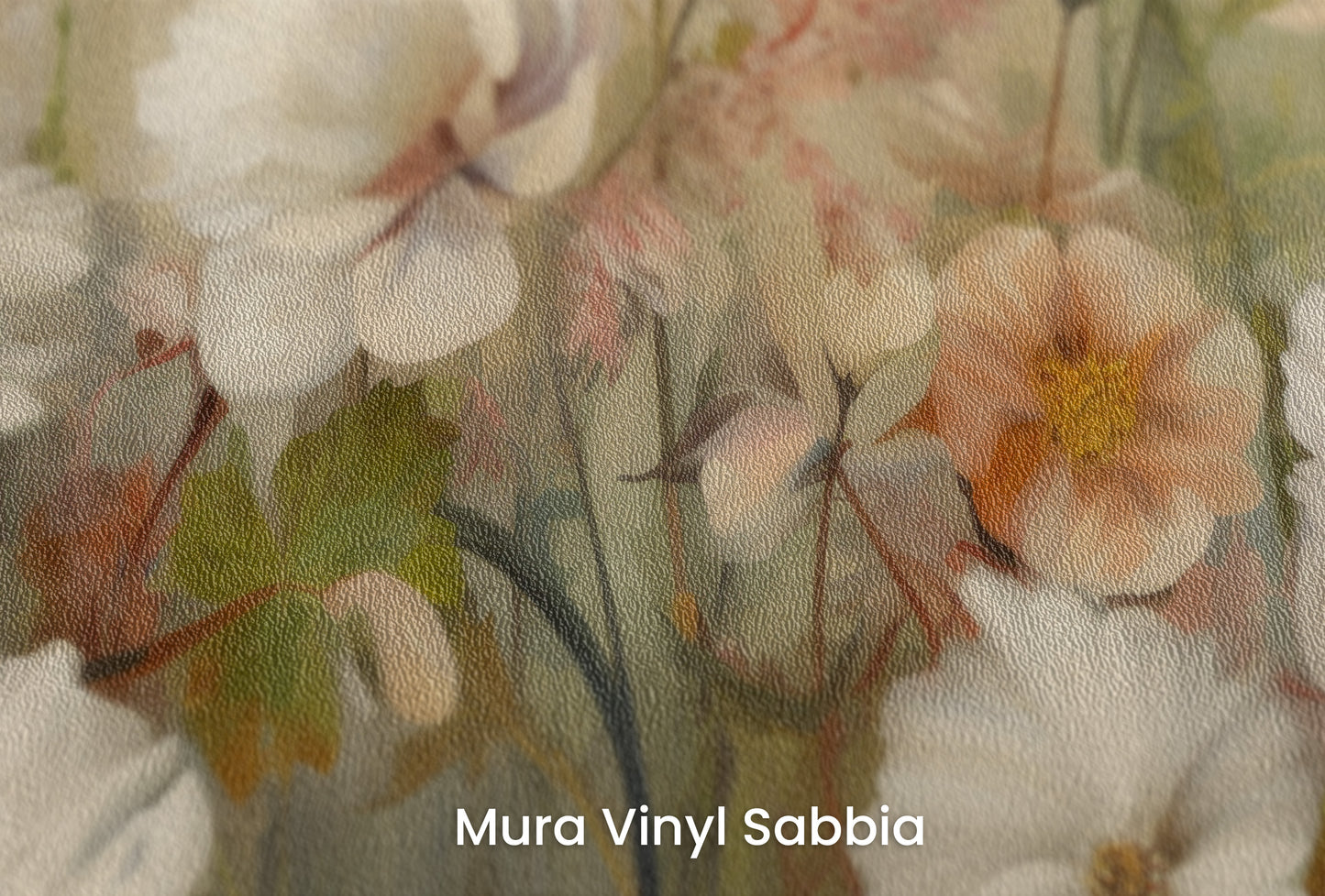Zbliżenie na artystyczną fototapetę o nazwie Serene Pastel Bouquet na podłożu Mura Vinyl Sabbia struktura grubego ziarna piasku.