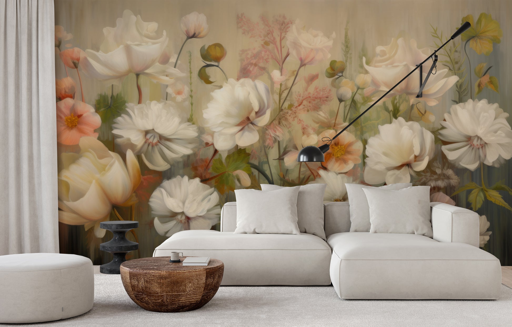 Wzór fototapety artystycznej o nazwie Serene Pastel Bouquet pokazanej w aranżacji wnętrza.