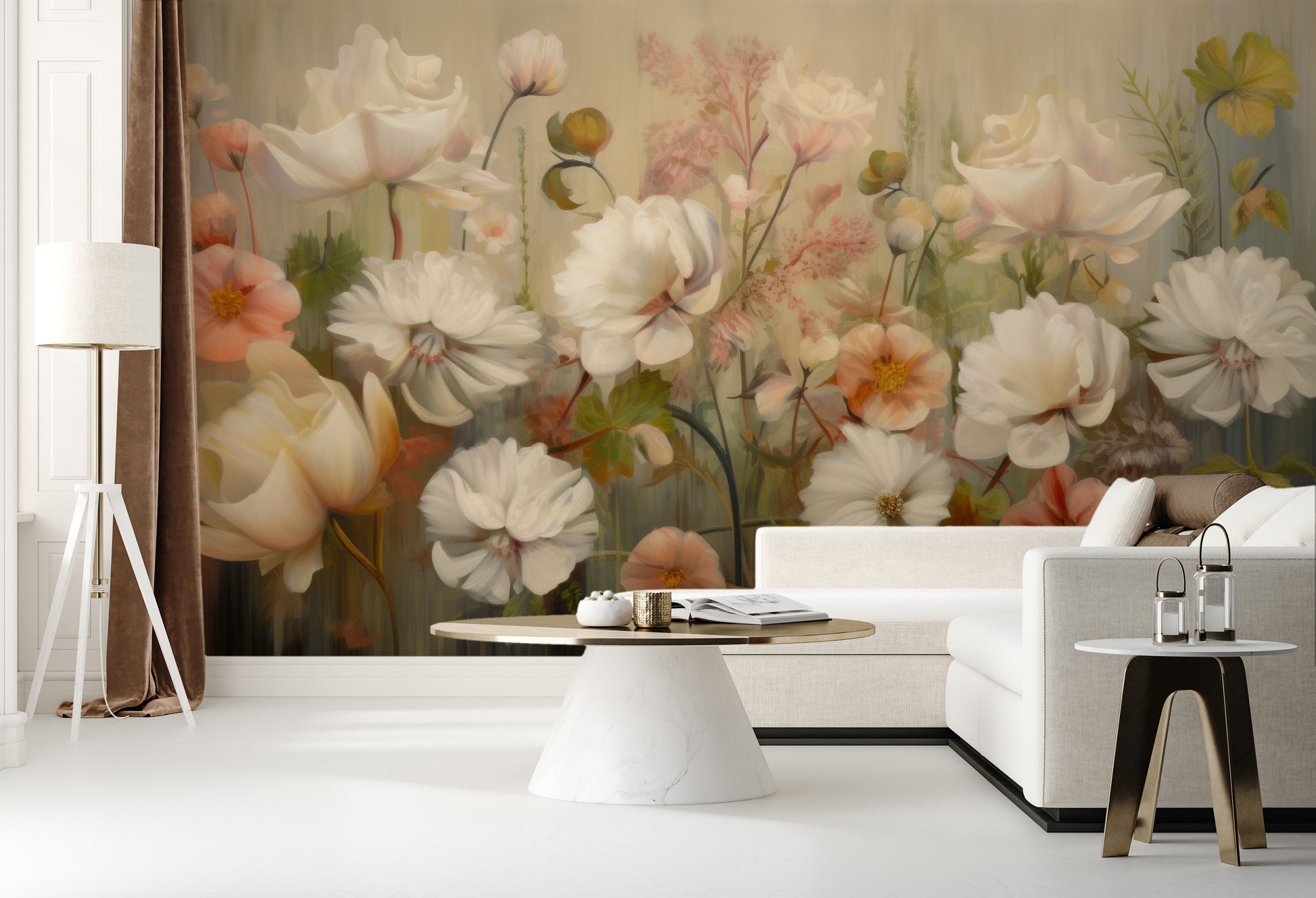 Wzór fototapety malowanej o nazwie Serene Pastel Bouquet pokazanej w aranżacji wnętrza.