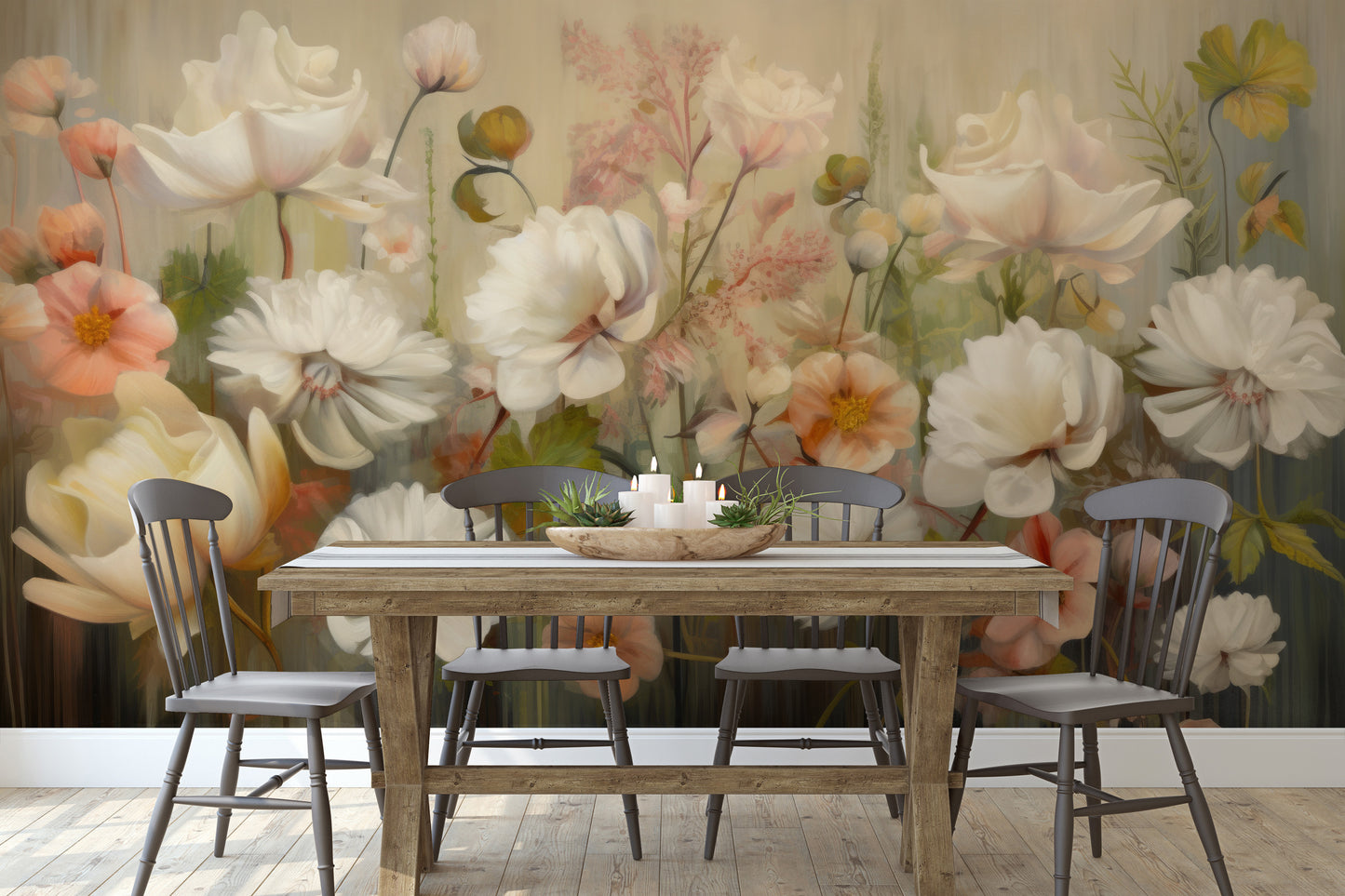 Wzór fototapety o nazwie Serene Pastel Bouquet pokazanej w kontekście pomieszczenia.