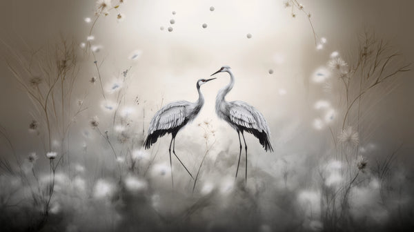 Dandelion Wishes - minimalist crane wallpaper in a muted palette