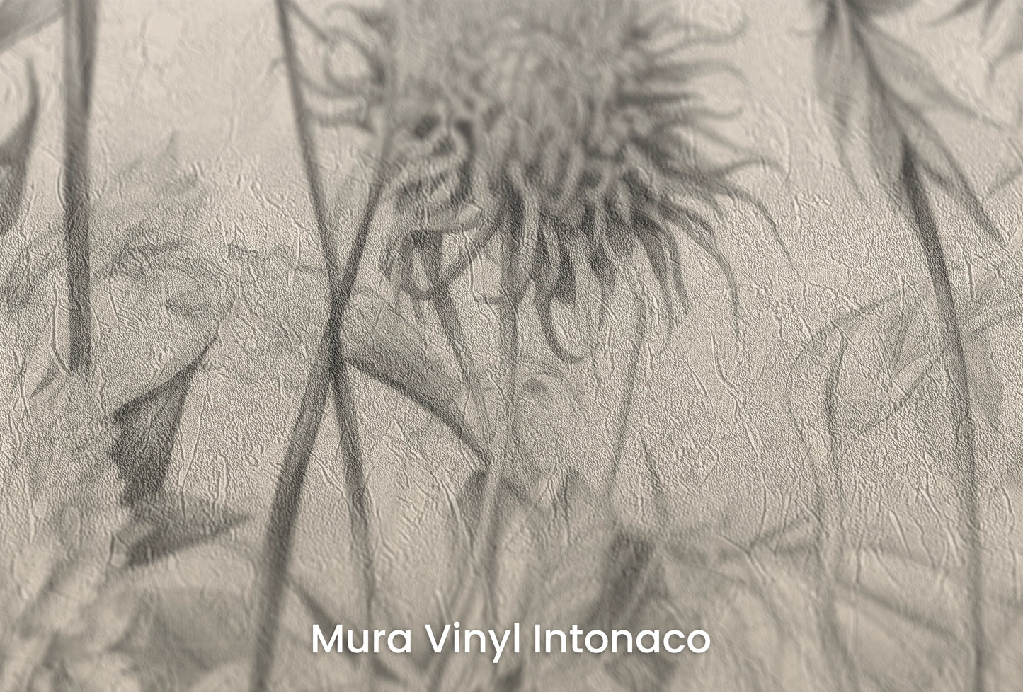 Zbliżenie na artystyczną fototapetę o nazwie Botanical Elegance na podłożu Mura Vinyl Intonaco - struktura tartego tynku.